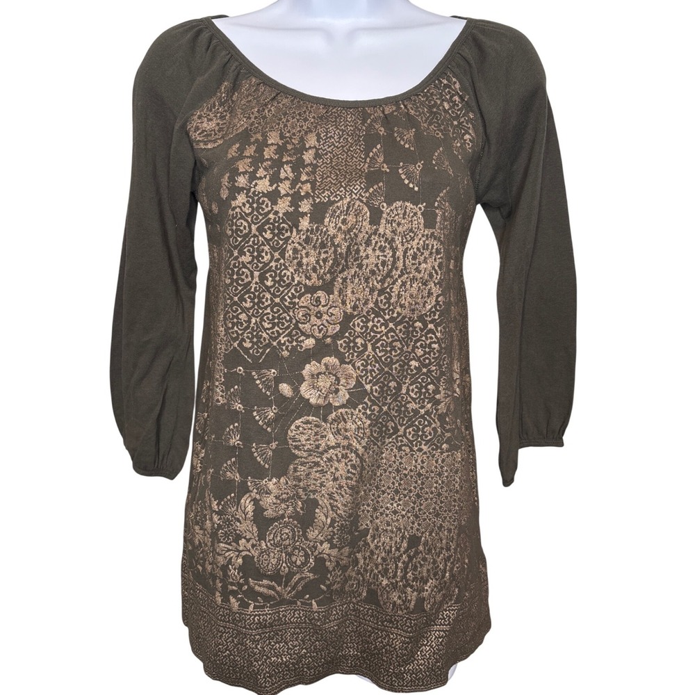 NWT ANTHROPOLOGIE TINY Womens Olive Green Gold Metallic Floral Top Sz M Boho